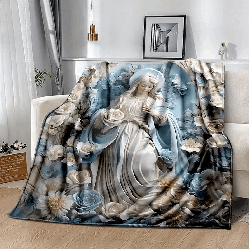 COZY 3D Mother Mary with Flowers Blue/White Printed Blanket