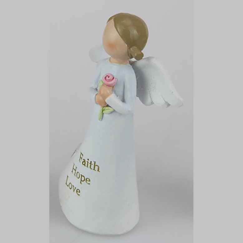 White Angel Holding Flower with "Faith Hope Love" on Gown 12cm tall