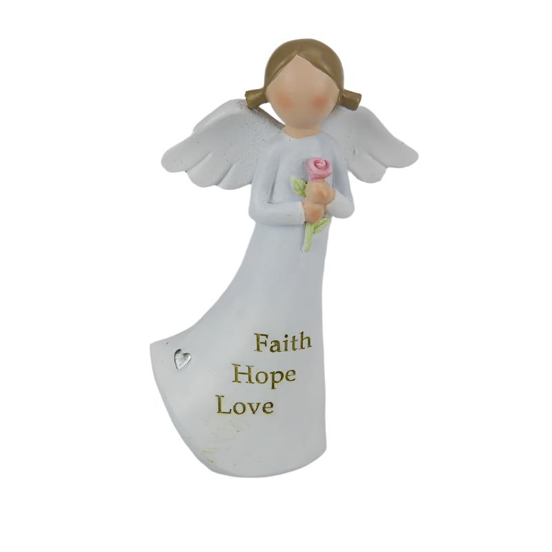 White Angel Holding Flower with "Faith Hope Love" on Gown 12cm tall