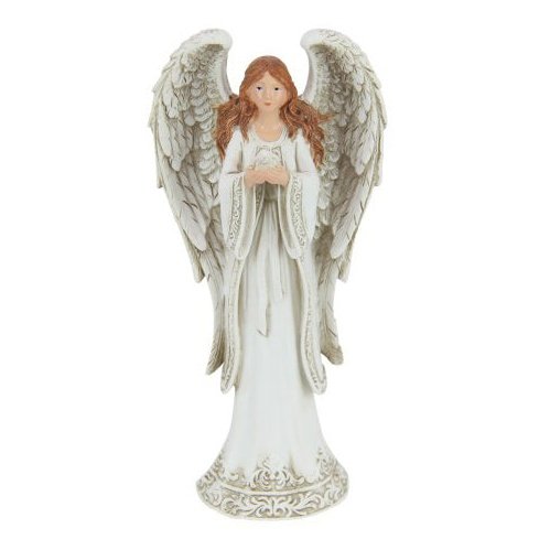 White Robe Angel Holding Dove in her hands with Decorative Edgings 13 cm tall