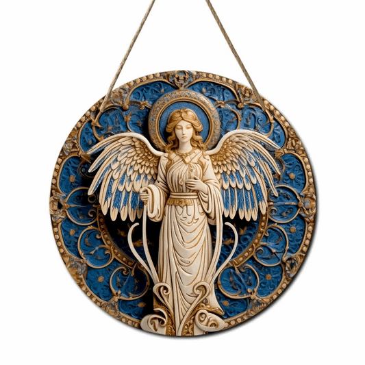 Angel Statue Round Wooden Sign