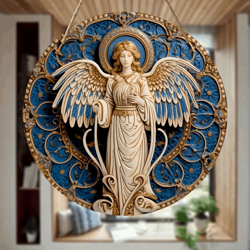 Angel Statue Round Wooden Sign