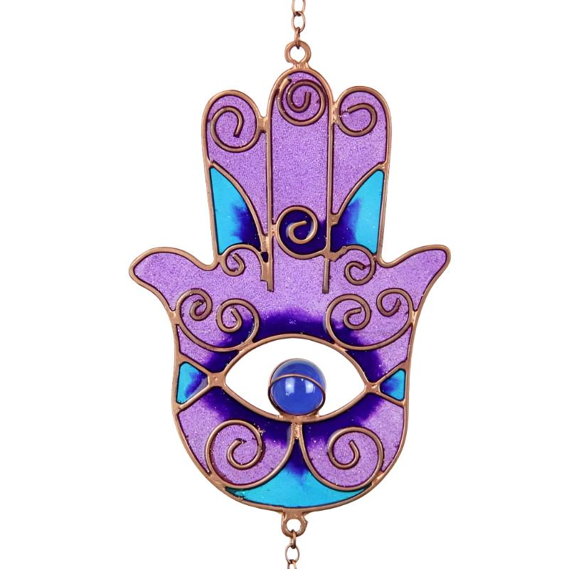 Hamsa Hand Two Tone Windchime - Purple/Blue Etchings