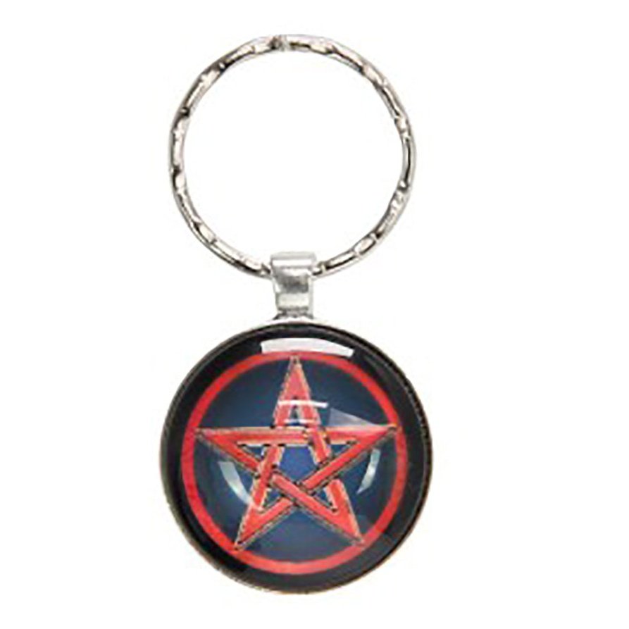 Wiccan Glass Key Chain - Pentagram Red/Black