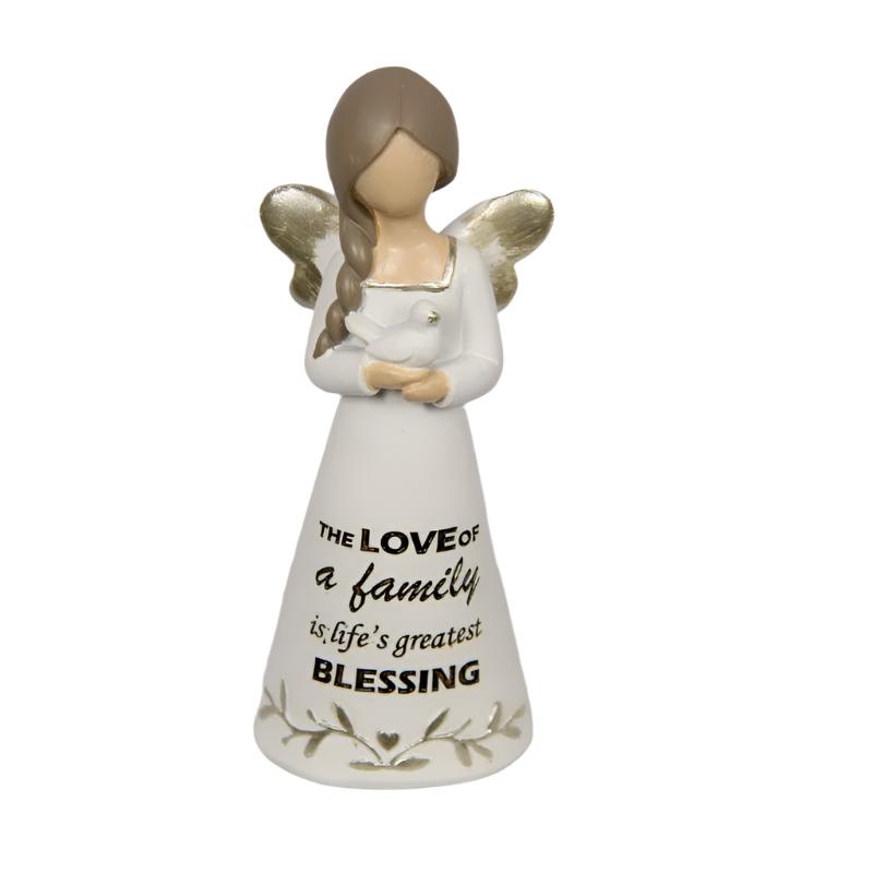 Inspirational Angel with Dress and Hands Together saying "The Love of a family is life's greatest blessing" 12cm tall