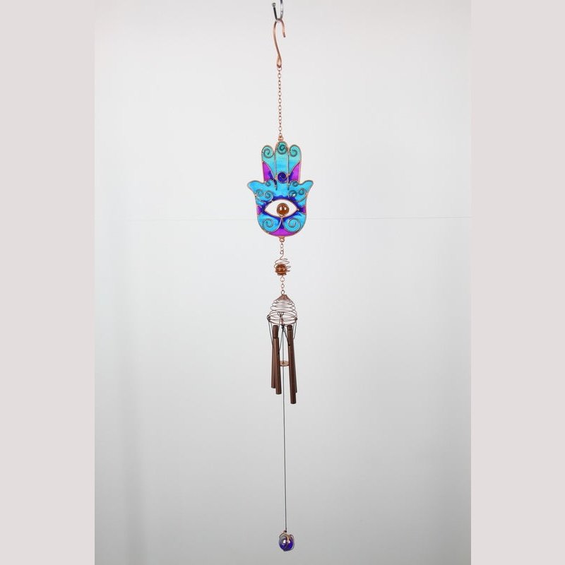 Hamsa Hand Two Tone Windchime - Blue/Purple Etchings