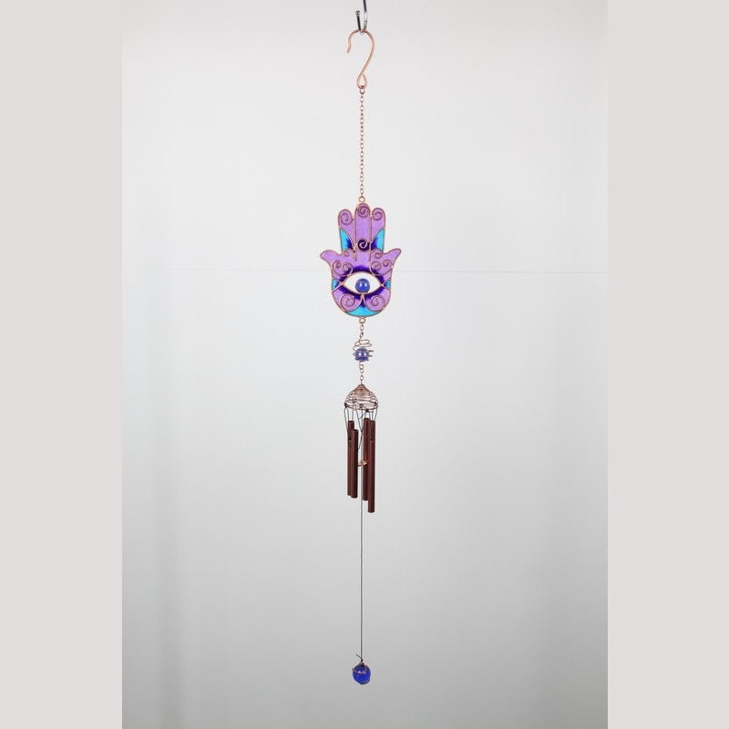 Hamsa Hand Two Tone Windchime - Purple/Blue Etchings