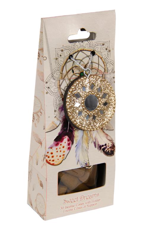 Follow Your Dreams 'Sweet Dreams' - 30 Incense Cones and Cone Holder with Dream Catcher Print - Gift Boxed