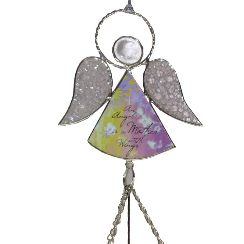 Glass Silver Angel Windchime with wording "An Angel is a Mother with Wings"