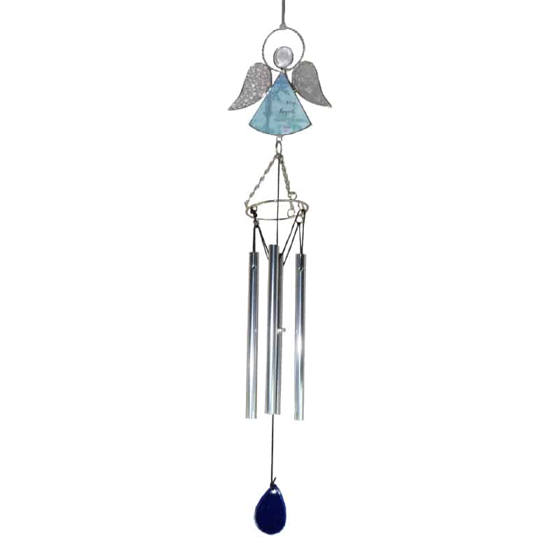 Glass Silver Angel Windchime with wording"May Angels Watch over You"