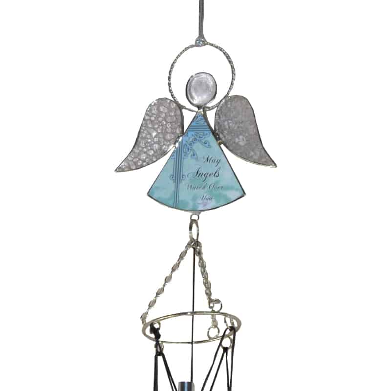 Glass Silver Angel Windchime with wording"May Angels Watch over You"